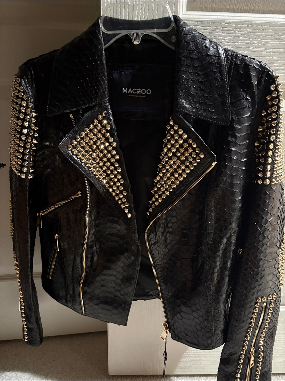 MAC & Co Black Faux-Snakeskin Studded Moto Jacket with Gold Hardware